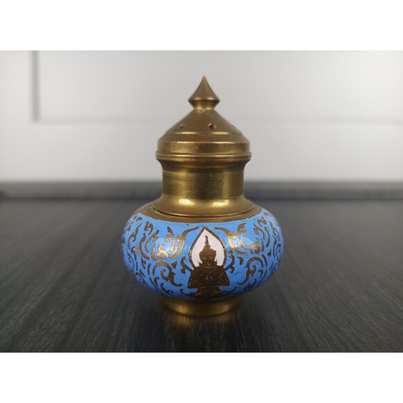 Brass Salt Pepper Shaker Toothpick Holder Tray Etched And Decorated With Enamel - Picture 8 of 10